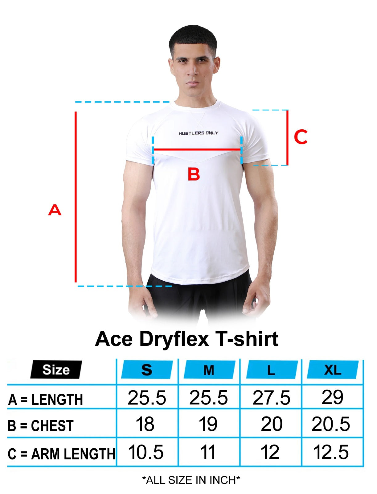Ace Dryflex White T-shirt Size Guide | HustlersOnlyUK