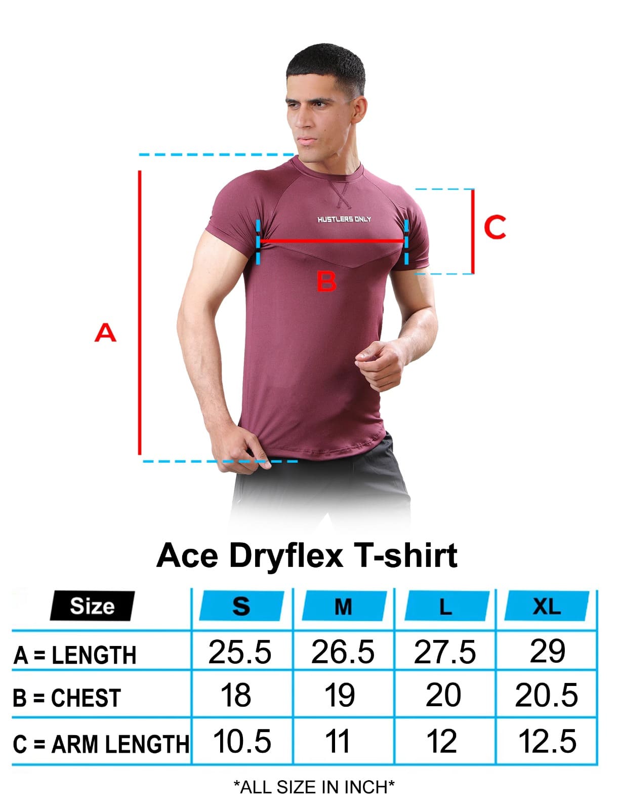 Ace Dryflex Maroon T-shirt Size Chart | HustlersOnlyUK