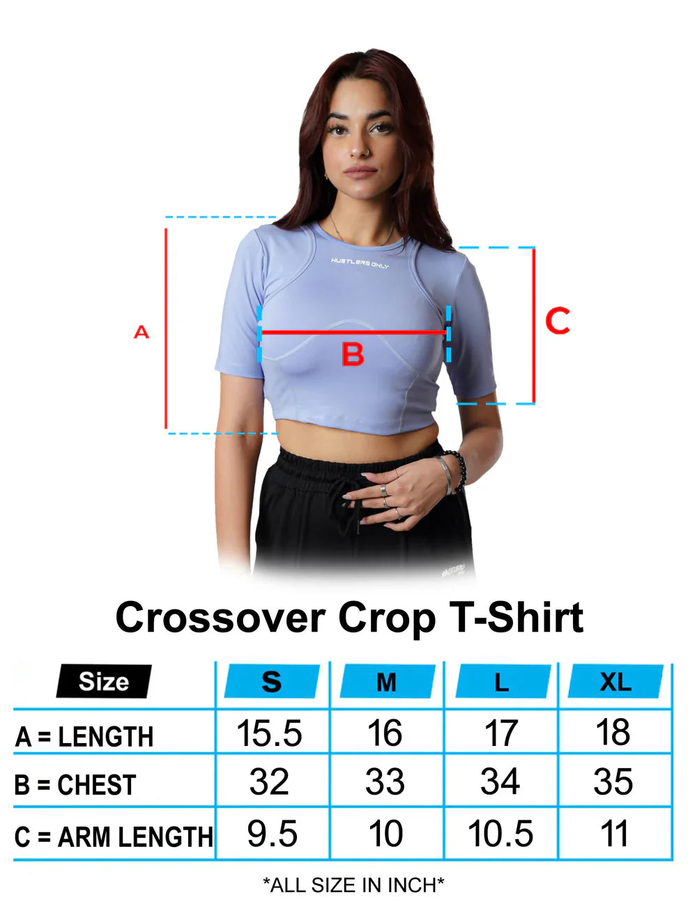 Sky Blue Crossover Croptop Sizechart | HustlersOnlyUK