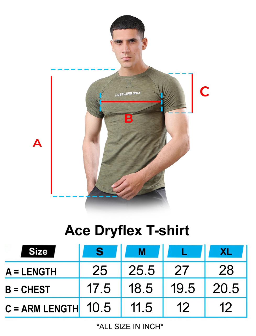 Ace Dryflex Green T-shirt Sizechart | HustlersOnlyUK