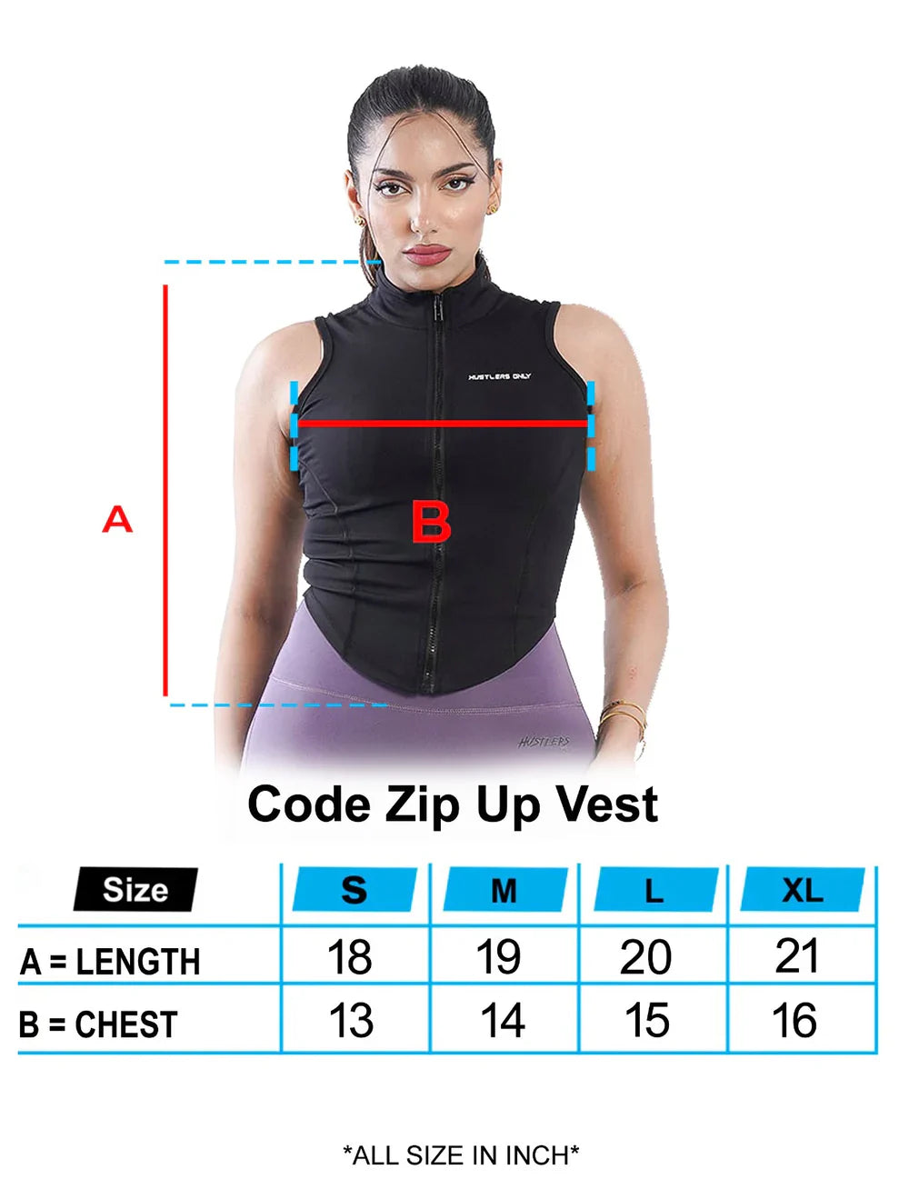 Black Code Zip Up Vest Sizechart For Women | HustlersOnlyUK