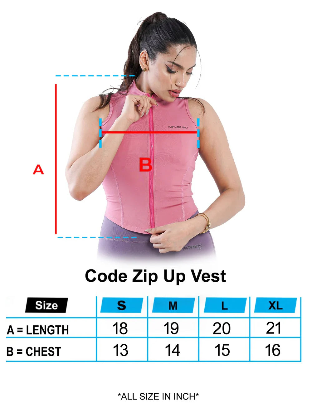 Pink Code Zip Up Vest Sizechart  For Women | HustlersOnlyUK