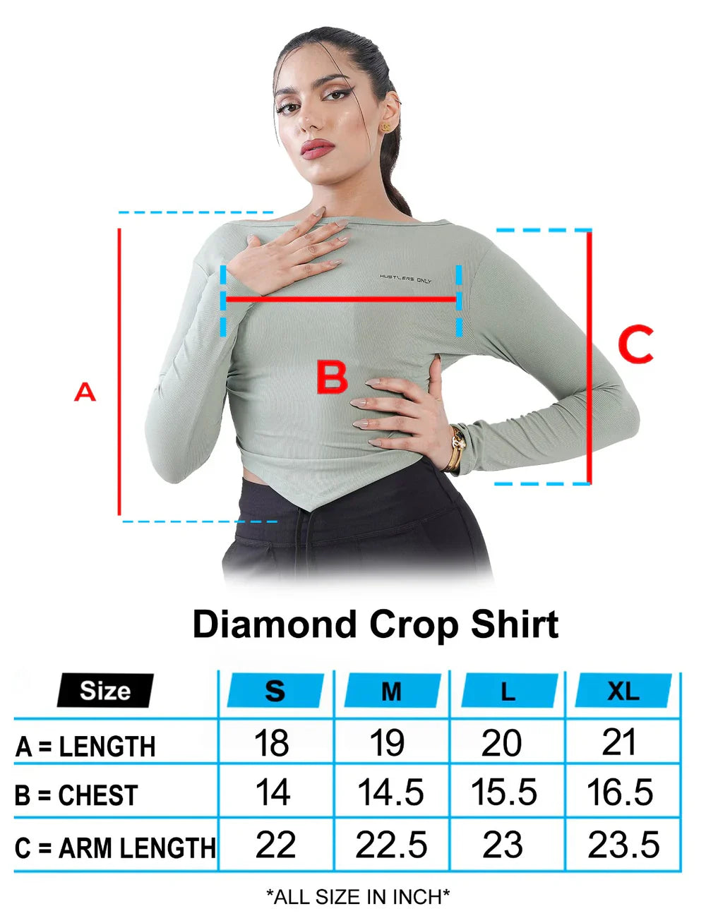 Green Diamond Crop Shirt Sizechart | HustlersOnlyUK