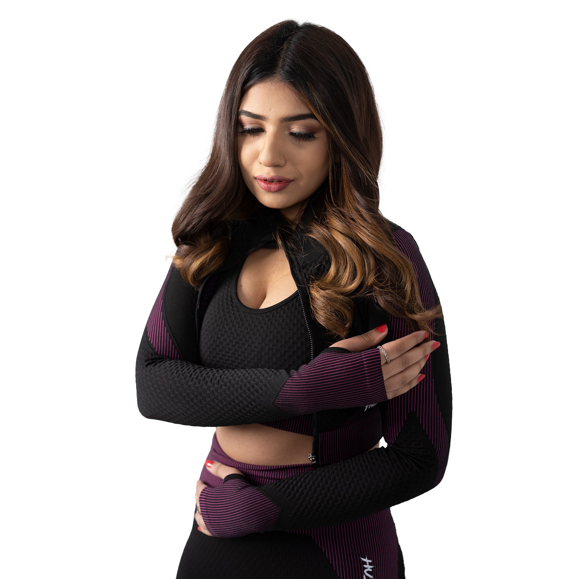 Flex 3 Piece Seamless Apparel for Women (Black-Purple) | HustlersOnlyUK