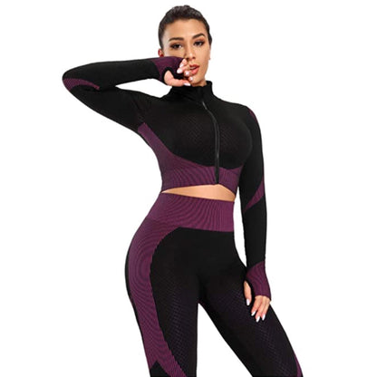 Flex 3 Piece Seamless Apparel for Women (Black-Purple) | HustlersOnlyUK