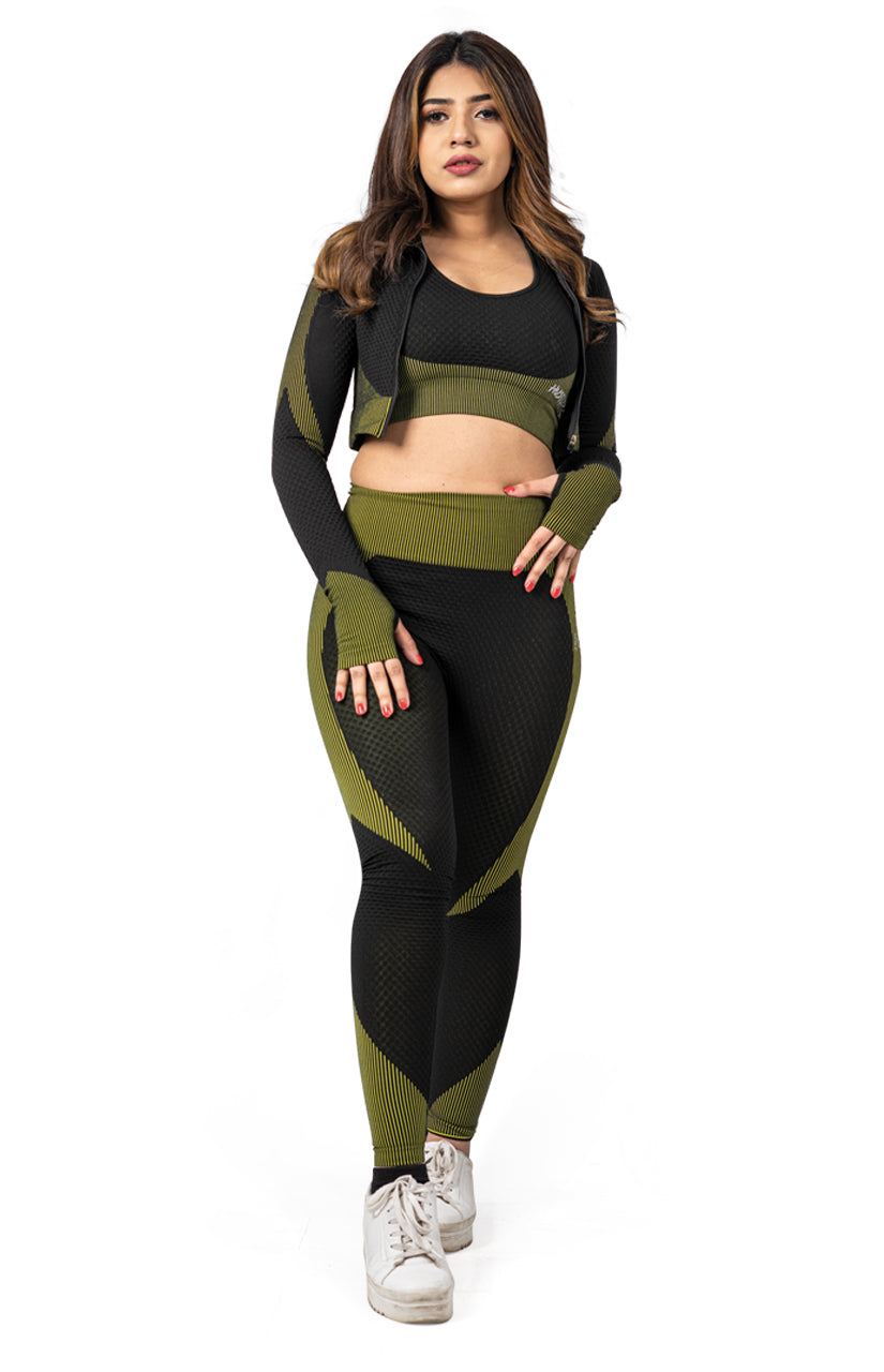 Flex 3 Piece Seamless Apparel for Women (Black-Green) | HustlersOnlyUK
