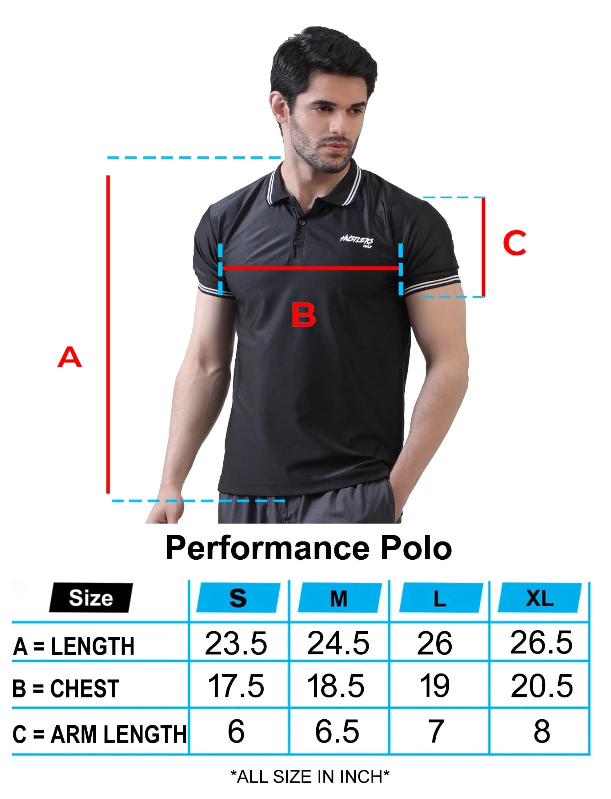 Black Performance Polo TShirt Size Chart  | HustlersOnlyUK