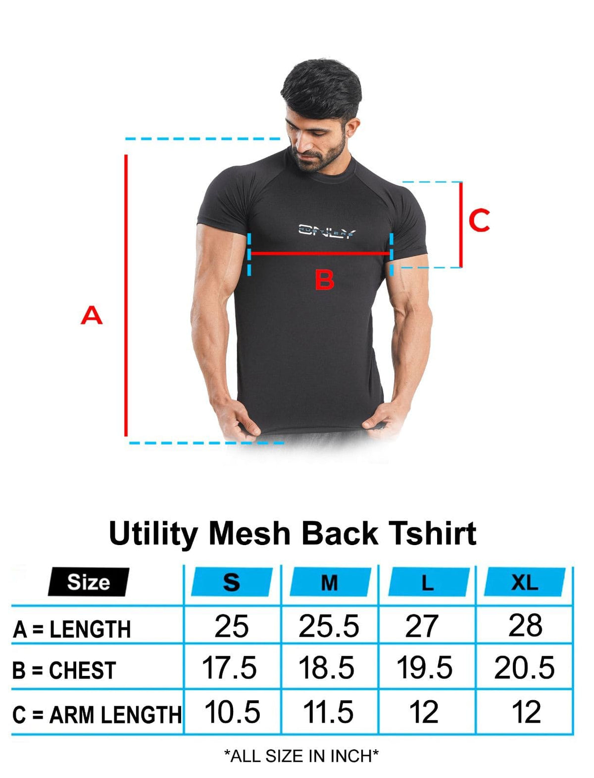 Black Utility Mesh Back T-shirt Size Chart | HustlersOnlyUK