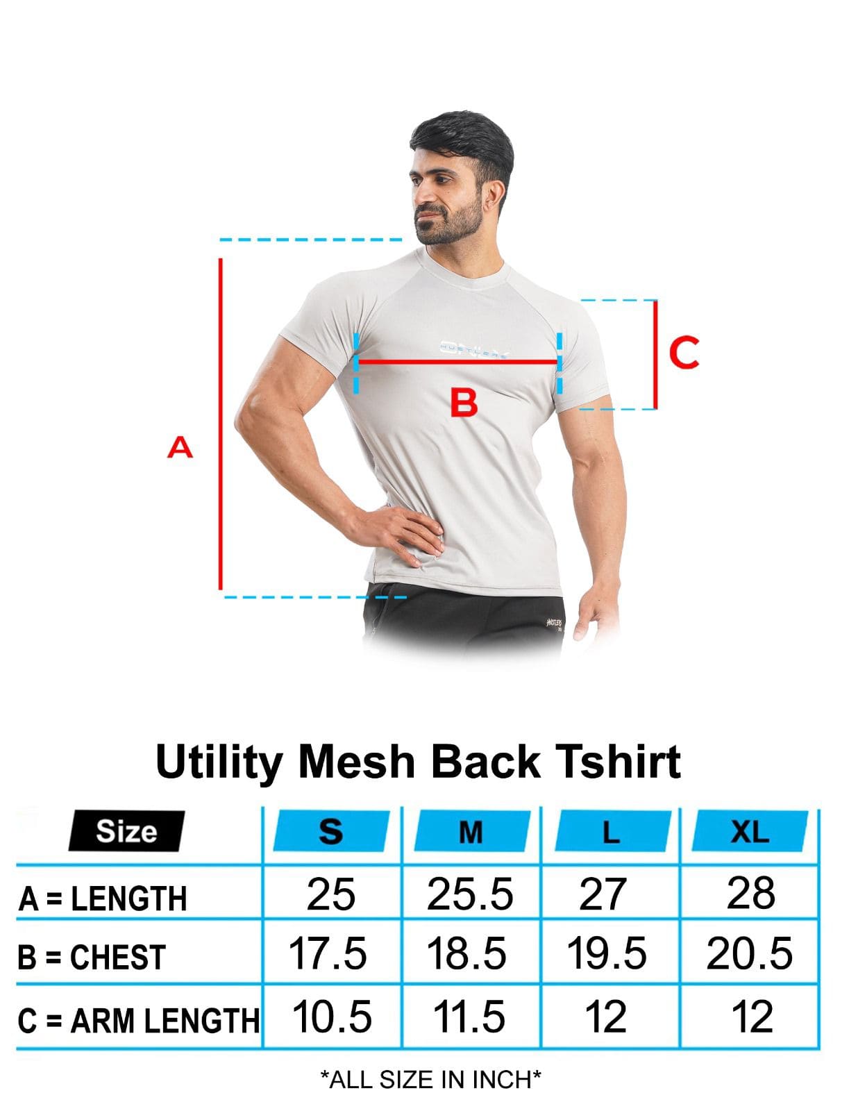 Utility Mesh Back Gray T-shirt Size Chart | HustlersOnlyUK