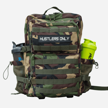 Tactical camo rucksack with Velcro patches | HustlersOnlyUK